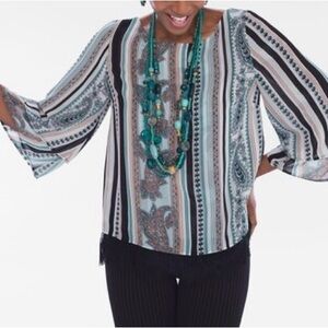Chico's Woman’s Paisley Striped Tiered-Sleeve Blouse Тор, Sz 1